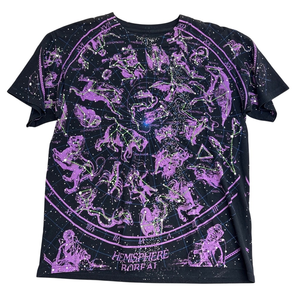 Vintage Liquid Blue All Over Print Constellation T-Shirt Black Purple XL
